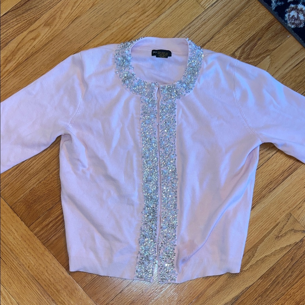 Grace Elements Elegant Pink Cardigan With Crystal and Pearl Embellishments sz M